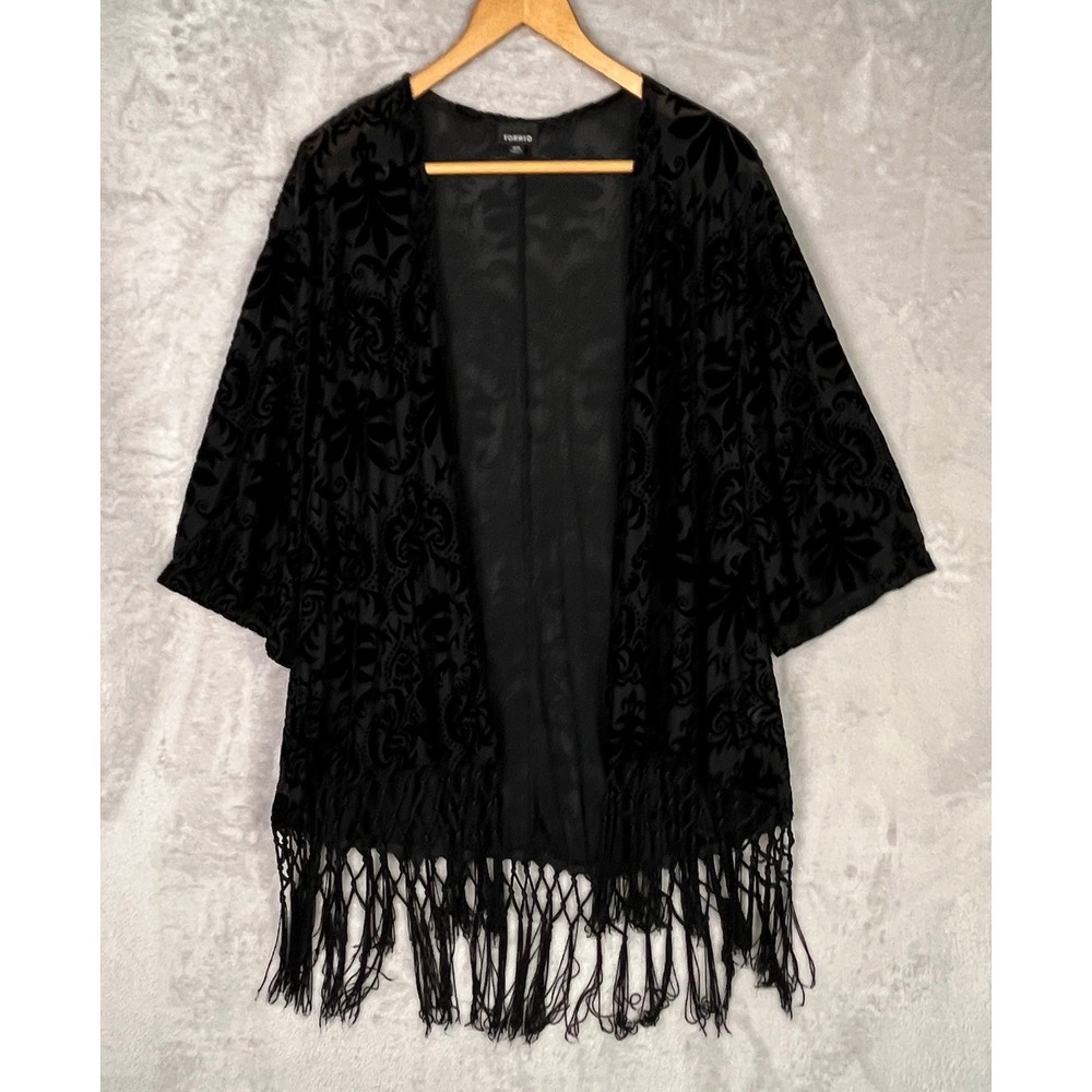 Torrid Black Burnout Velvet Kimono Fringe Wrap Whimsigoth 1/2 14/16 1X Grunge